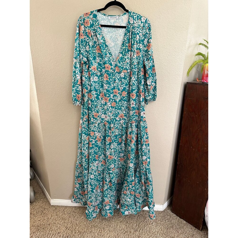 Misslook Womens Green Floral Maxi Dress XL V-Neckline 3/4 Sleeves cotton blend - Picture 2 of 9
